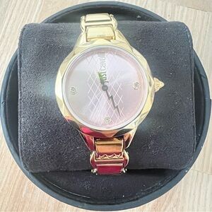 NIB Just cavalli ladies pink dial gold tone bracelet dress watch NEW BATTERY